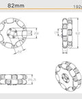 Toy omnidirectional wheel, 82mm diameter, plastic and aluminium alloy, front/side/top blueprint views.