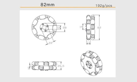 Toy omnidirectional wheel, 82mm diameter, plastic and aluminium alloy, front/side/top blueprint views.
