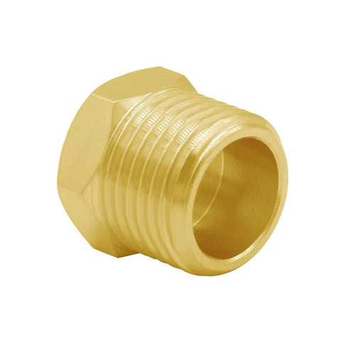 Brass adapter for faucet hoses 1/2 G male to 3/8 compression female, durable fitting for kitchen and bathroom plumbing.