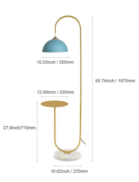 Modern Standing Floor Lamp With Built In Table For Bedroom Or Living Room Ideal For Reading Brushed Brass Finish With Blue Lampshade Sleek Minimalist Design For Cozy Ambient Lighting