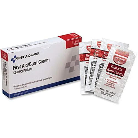 First Aid/Burn Cream box from First Aid Only with six packets beside it.