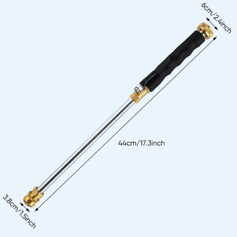 High Pressure Garden Hose Nozzle With Metal Power Washer Wand, 44cm length, brass connector, heavy duty cleaner dimensions shown