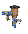 Front view of Zurn Wilkins 1-inch 720A pressure vacuum breaker assembly with brass body and blue handles.