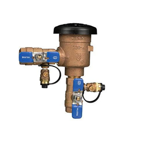 Front view of Zurn Wilkins 1-inch 720A pressure vacuum breaker assembly with brass body and blue handles.