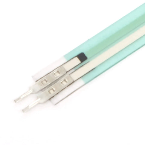 Pair of FSR402 force-sensing resistor strips on teal flexible film with metal leads (front view)