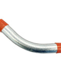 Heavy Duty Two Point Five Inch Forty Five Degree Forty Eight Radius Galvanized Rigid Conduit Elbow Five Pack with orange ends.