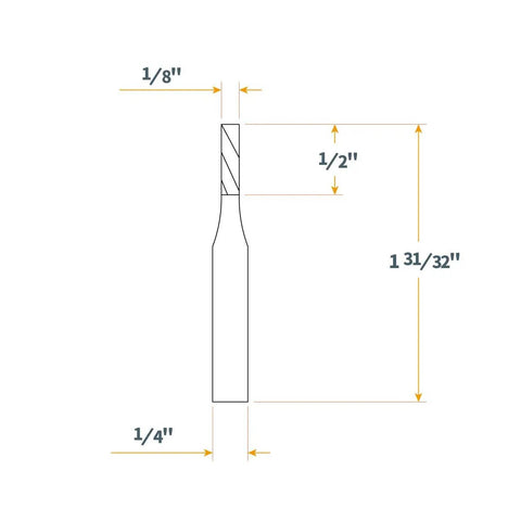 Hard Hitting Tungsten Carbide Upcut Spiral Router Bit With One Quarter Inch Shank One Eighth Inch Cutting Diameter specifications.