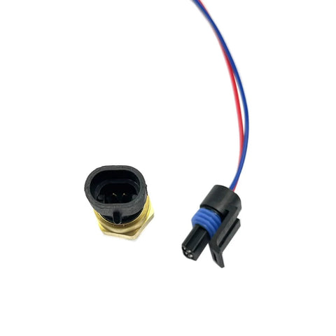 Two-piece engine coolant temperature sensor with pigtail; brass body, black plug, red and blue wires.
