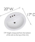 Top Shelf White Ceramic Drop In Bathroom Sink 20 Inch Single Bowl Vanity Washbasin Self Rimming with measurements 20"W x 17"D.
