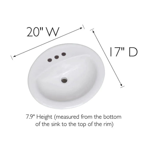 Top Shelf White Ceramic Drop In Bathroom Sink 20 Inch Single Bowl Vanity Washbasin Self Rimming with measurements 20"W x 17"D.