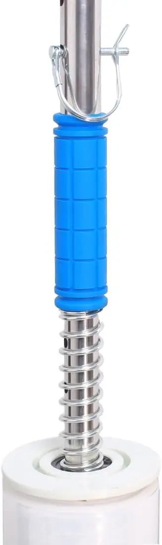 Heavy Duty Long Handle Pallet Stretch Wrap Dispenser For No Sweat Warehouse Hustle with blue ergonomic grip and metal spring core.
