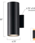 12 Inch Cylindrical Outdoor Wall Sconce In Black With Dual Up And Down Ambient Lighting, 2 Light Exterior Fixture Illuminating Porch Patio And Deck, BR30 Bulb Ready, Bulbs Not Included, Weather Resistant with dimensions shown