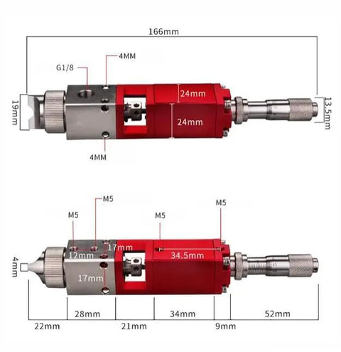 Pro Grade Precision Pneumatic Spray Valve With Micrometer Knob for Industrial Paint Glue Dispensing, showing dimensions and design details.