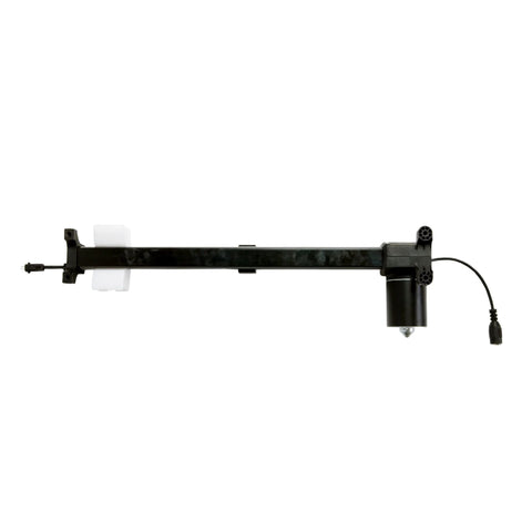 Linear actuator bar for power recliner, black metal rail with white mounting bracket and motor at end.