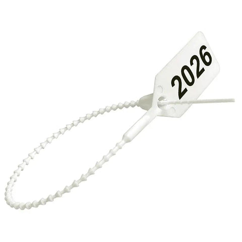 Top Shelf White Fire Extinguisher Tamper Seals Zip Ties Lot Of One Thousand Twenty Six Dated UL Certified Heavy Packer Ties featuring a white nylon tie marked 2026.