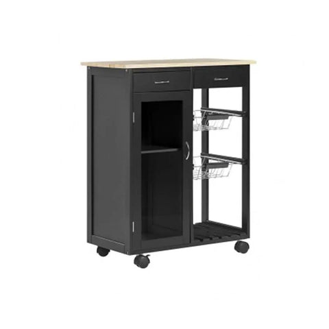 Black kitchen cart with drawers, shelves, and metal baskets on 4 Pack Rubber Silent Universal Band Brake Table Casters Wheels For Furniture and Benches.