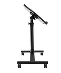 Slick Adjustable Height Computer Desk With Smooth Rolling Casters For No Sweat Home Office Setup Ergonomic Lift Standing Workstation Mobile Laptop Cart Black Finish side view with angled tabletop.