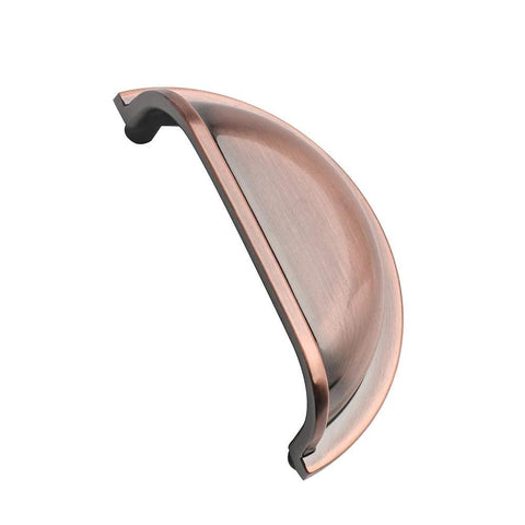 Side view of 3 Inch Bin Cup Drawer Cabinet Pulls In Antique Copper Finish, showing curved design and smooth finish.