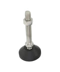 Rock Solid Heavy Duty Nylon Adjustable Leveling Feet With Swivel Base And Universal Thread Sizes For Furniture Or Equipment Support Built Like A Tank, shown from side view with chrome bolt and black base.