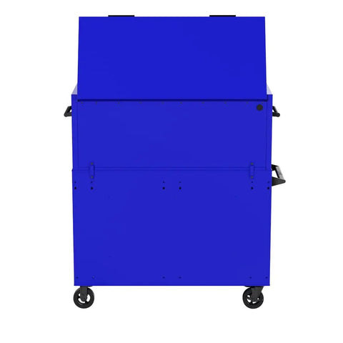Real Deal 54 X 24 X 72 Inch Steel Rolling Tool Chest Hutch Combo Cabinet for the Daily Grind Heavy Duty Build Smooth Rollers in blue, back view.