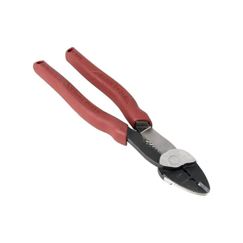 USA Made Wire Cutter, Stripper, and Crimp Tool With Shear Cutter featuring red handles, hardened nose, pro-grade design