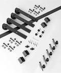Black Carbon Steel Barn Door Hardware Kit with 6 to 16 ft Sliding Track and Rollers for Double Doors, components layout