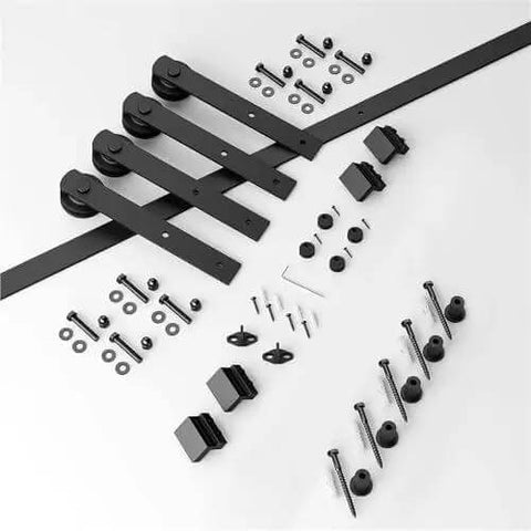 Black Carbon Steel Barn Door Hardware Kit for 6-16 Ft Sliding Doors, includes rollers, I-shaped rail, and installation accessories, 11 ft version.