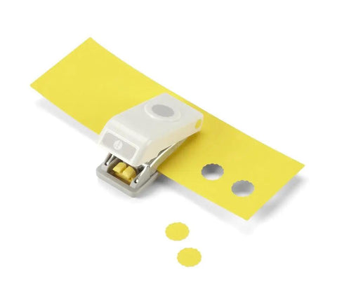 Half Inch Scalloped Edge Circle Punch for Card Making and Scrapbooking cutting yellow paper; easy and precise craft tool.