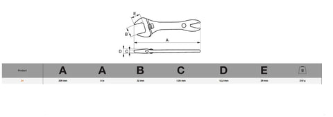 Diagram of Alligator Adjustable Wrench, 8 Inch, Slim Head With Tapered Jaws For Easy Reach And Extra Turning Power, with dimensions.