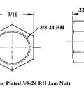 Steel Zinc Plated 3/8 24 RH Jam Nut with dimensions showing hex shape and threading specifications
