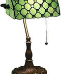Lit Vintage Beads Art Glass Table Lamp With Green Banker Shade, featuring a brass-tone finish and LED light for versatile decor.