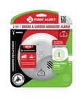 Packaging of a Hard Wired Smoke and Carbon Monoxide Detector with 10 Year Battery Backup, Ionization Sensor, Early Warning, Peace of Mind Nuisance Free Alarms for Home Safety.