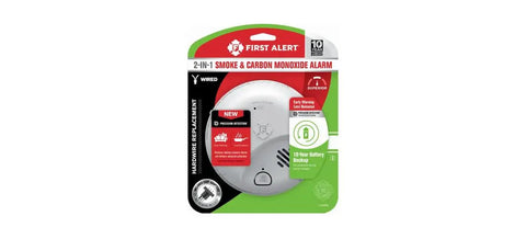 Packaging of a Hard Wired Smoke and Carbon Monoxide Detector with 10 Year Battery Backup, Ionization Sensor, Early Warning, Peace of Mind Nuisance Free Alarms for Home Safety.