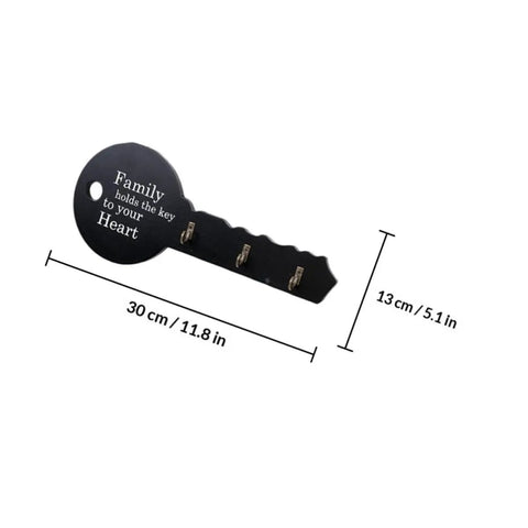 Old School Key Shaped Wall Mounted Coat Hooks Rack In Durable Black Oak Wood For Entryways And Closets Decorative Hanging Organizer That Brings Cool Retro Style And Keeps Your Gear Locked Down Tight No Tools Needed - Black key coat rack with family quote and 4 hooks.
