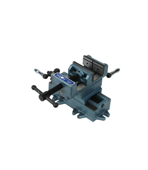 Heavy Duty Cast Iron Drill Press Vise With Cross Slide, 4 Inch Jaw Capacity, side view showing five bolt mount for precision work.