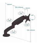 Diagram of Rock Solid Single Monitor Desk Mount With Smooth Floating Arm showing adjustable measurements and pivot angles.