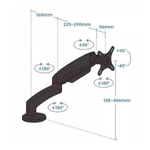 Diagram of Rock Solid Single Monitor Desk Mount With Smooth Floating Arm showing adjustable measurements and pivot angles.