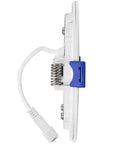Side view of 12 Pack 4 Inch Ultra Thin Recessed Led Downlights With 5 Color Temperature Selectable 2700K Through 5000K 750 Lumens Per Light Slim Canless IC Rated Dimmable Ceiling Light With J Box showing spring mechanism and connector.