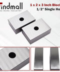 Findmall machinist blocks, 1x2x3 in, hardened steel, two-piece matched pair with 1/2-in hole.

Findmall machinist block close-up: top surface with centered 1/2-inch hole in hardened steel.

Findmall machinist blocks side view: two blocks, hardened steel, 1x2x3 in.