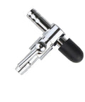 Close-up of Air Flow Control T Valve For Aquarium And Fish Tank Aeration Single Way Lever Inline Valve, silver 4x6mm fitting.