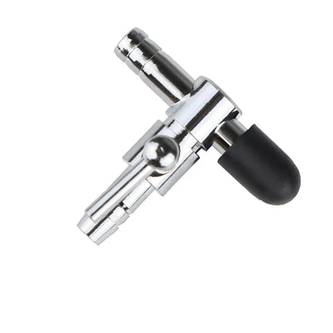 Close-up of Air Flow Control T Valve For Aquarium And Fish Tank Aeration Single Way Lever Inline Valve, silver 4x6mm fitting.