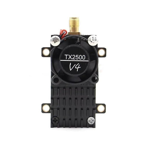 Front view of TX2500 V4 5 8 GHz FPV Transmitter With 2000mW Power Cooling Fan Ultra Long Range For RC FPV Fixed Wing Drones