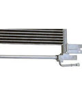 Premium Transmission Oil Cooler Perfect For Infiniti QX80 5.6 Liters From 2014 To 2015 Featuring Reliable Heavy Duty Performance And Precise Fitment With Reusable High Quality Specs. side view with mounting bracket and hose fitting