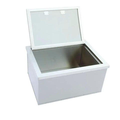 Pro-Level 23X17 Drop-In Stainless Steel Ice Chest With Rock-Solid Dual-Wall Insulation open with shiny interior surface.