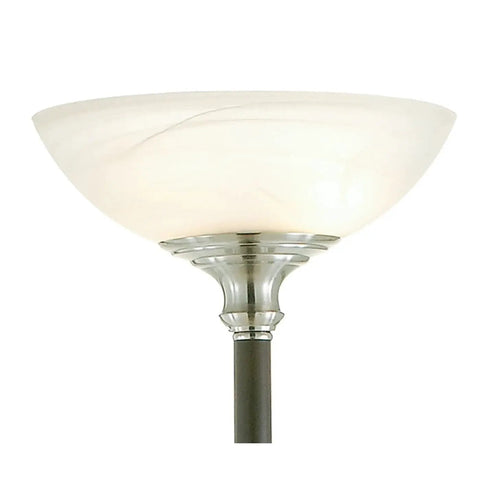 Alabaster glass dome of Lexington 71 Inch Two Light Floor Lamp in Walnut Finish with Up Lighting and Reading Light