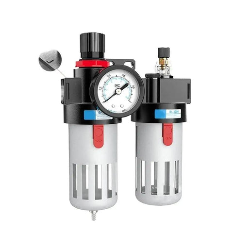 Air Compressor Oil Water Separator And FRL Regulator Combination For 1/4 3/8 1/2 Inlet Lines Blue Finish Plug And Play Setup