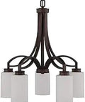 Five Light Down Chandelier With Opal Etched Glass Shades Dimmable And Provincial Bronze Finish For Ceiling Mount Lighting In Rustic Modern Style Great Vibe For Dining Room Or Foyer Ambiance.