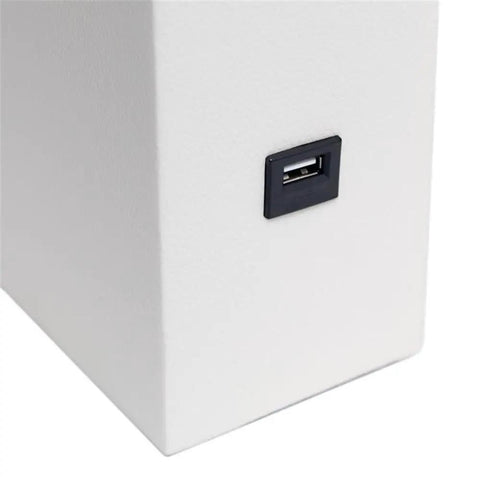 Close-up of Leather Wrapped Base Table Lamp With USB Port And White Fabric Shade Dope Modern Lighting For Living Room Or Bedroom, 21 Inch Tall