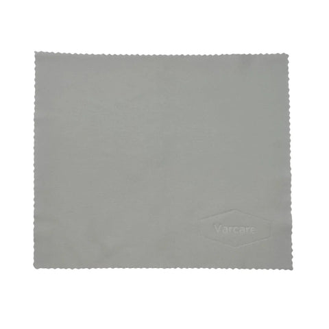 Microfiber lens cleaning cloth, Varcare, gray, 6x7 in, lint-free for eyeglasses and screens.