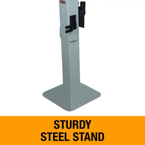 Sturdy steel stand for 2 By 48 Inch Three Wheel Belt Grinder Cranks Out 3600 FPM To Polish Metal And Wood Like A Champ.